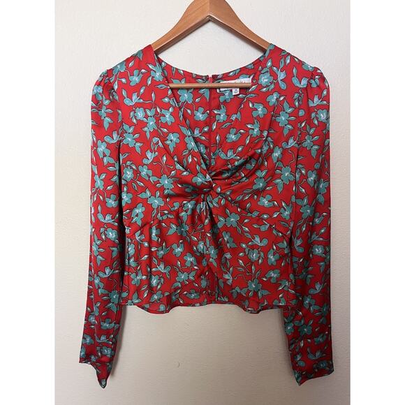 Love, Whit by Whitney Floral Long Sleeve Crop Satin V Neck Top Size Medium Red - Picture 8 of 10
